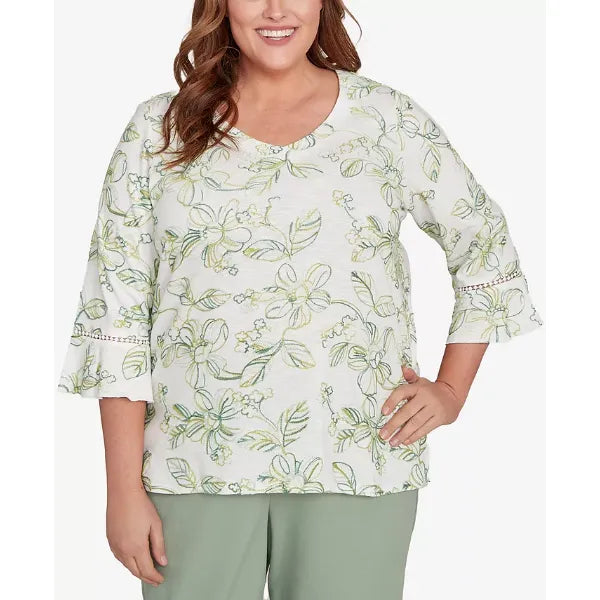 Alfred Dunner Plus Size Santa Fe Embroidered Floral Vines Cotton Top, Aloe, Size 1X