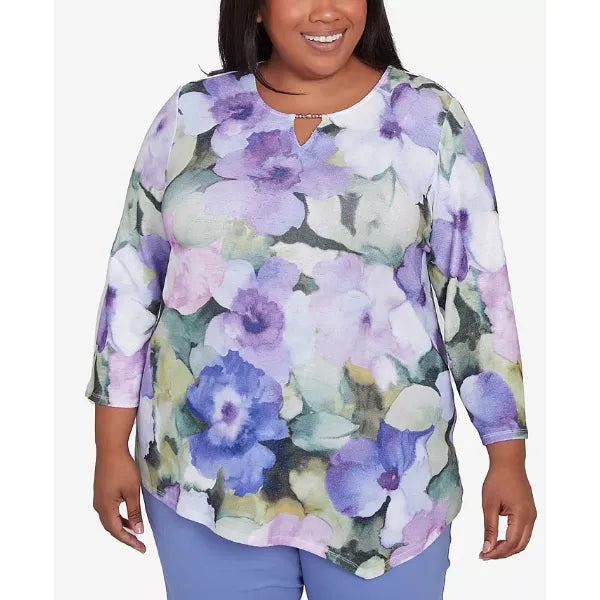 Alfred Dunner Plus Size Santa Fe Dramatic Pansies Floral Print Top, Iris Multi