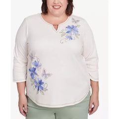 Alfred Dunner Plus Size Santa Fe Asymmetric Butterfly Floral Embroidered Top, Oatmeal