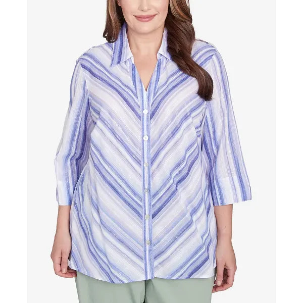 Alfred Dunner Plus Size Santa Fe Mitered Iris Stripe Collared Button Down Top, Iris