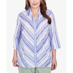 Alfred Dunner Plus Size Santa Fe Mitered Iris Stripe Collared Button Down Top, Iris