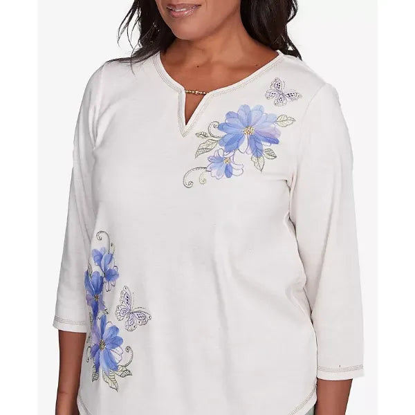 Alfred Dunner Petite Santa Fe Asymmetric Butterfly Floral Embroidered Top, Oatmeal