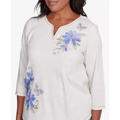 Alfred Dunner Petite Santa Fe Asymmetric Butterfly Floral Embroidered Top, Oatmeal