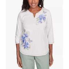 Alfred Dunner Petite Santa Fe Asymmetric Butterfly Floral Embroidered Top, Oatmeal