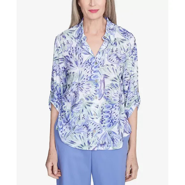 Alfred Dunner Petite Santa Fe Abstract Butterfly Button Front Top, Iris Multi