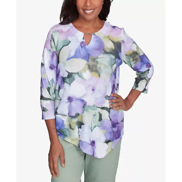 Alfred Dunner Petite Santa Fe Dramatic Pansies Print Top, Iris Multi