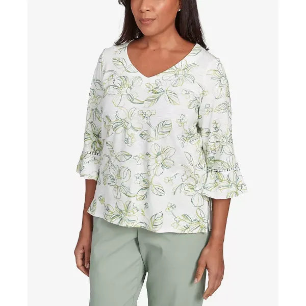 Alfred Dunner Petite Santa Fe Embroidered Floral Vines Cotton Top , Aloe