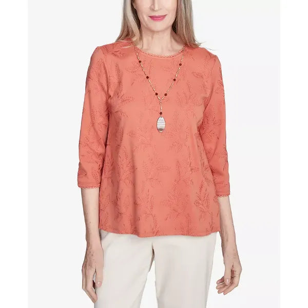 Alfred Dunner Petite Natural Instinct Solid Leaf Embroidered Top With Necklace, Copper