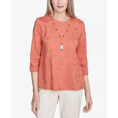 Alfred Dunner Petite Natural Instinct Solid Leaf Embroidered Top With Necklace, Copper