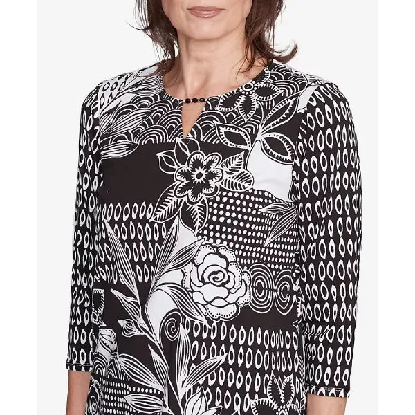 Alfred Dunner Petite Natural Instinct Monotone Patch Beaded Split Neck Top, Black Multi
