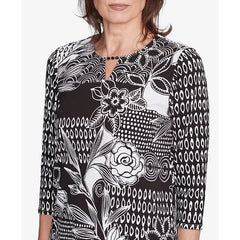 Alfred Dunner Petite Natural Instinct Monotone Patch Beaded Split Neck Top, Black Multi