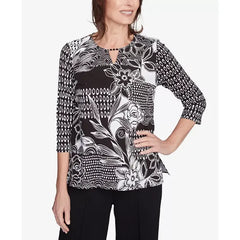 Alfred Dunner Petite Natural Instinct Monotone Patch Beaded Split Neck Top, Black Multi