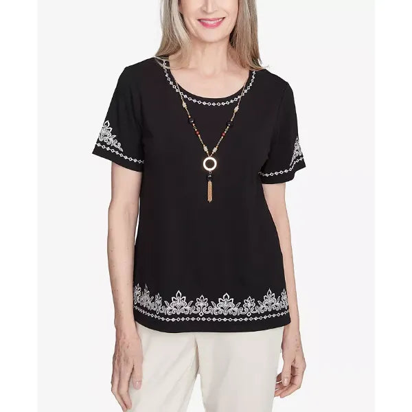 Alfred Dunner Petite Natural Instinct Embroidered Border Tee With Necklace, Onyx