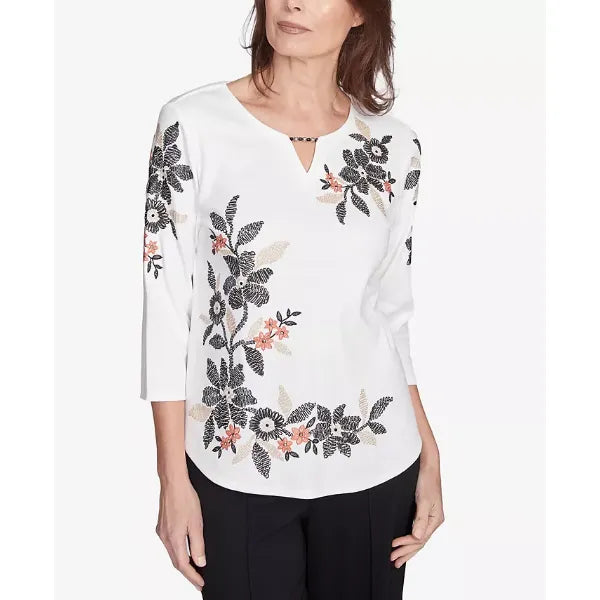 Alfred Dunner Petite Natural Instinct Earthy Floral Embroidered Textured Top, Natural