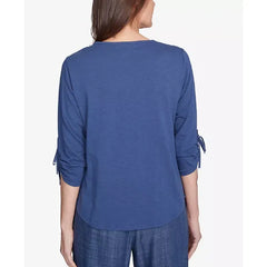 Alfred Dunner Petite Summer Solstice Embroidery Centered Tie Sleeve Top, Blueberry