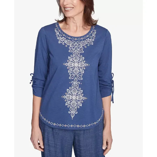 Alfred Dunner Petite Summer Solstice Embroidery Centered Tie Sleeve Top, Blueberry