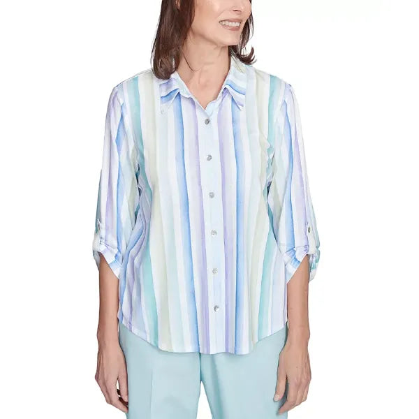 Alfred Dunner Petite St. Thomas Island Stripe Roll-Tab Shirt, Mintmul