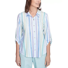 Alfred Dunner Petite St. Thomas Island Stripe Roll-Tab Shirt, Mintmul