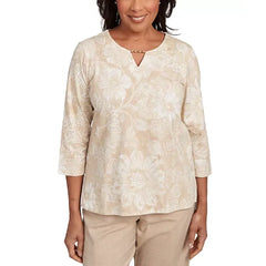 Alfred Dunner Petite Catalina Island Textured Floral Foil Accent Top, Linen