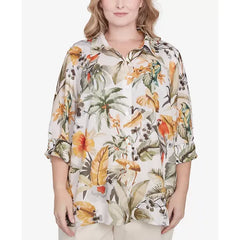 Alfred Dunner Plus Size Tropical Bird Button Front Top, Olive Multi