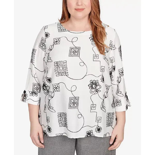 Alfred Dunner Plus Size Floral Embroidered Top for Women, Casual Elegant All Day Comfort, Ivory