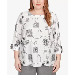 Alfred Dunner Plus Size Floral Embroidered Top for Women, Casual Elegant All Day Comfort, Ivory