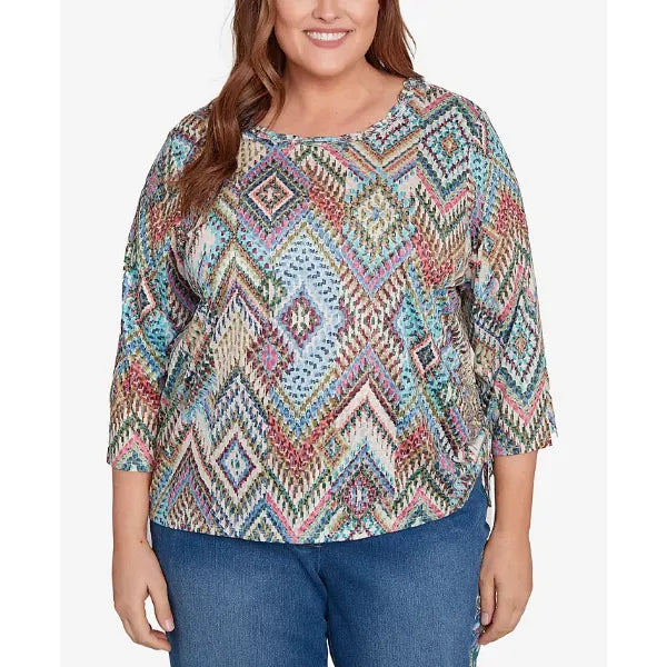 Alfred Dunner Plus Size Ikat Diamond Top, Blue Multi