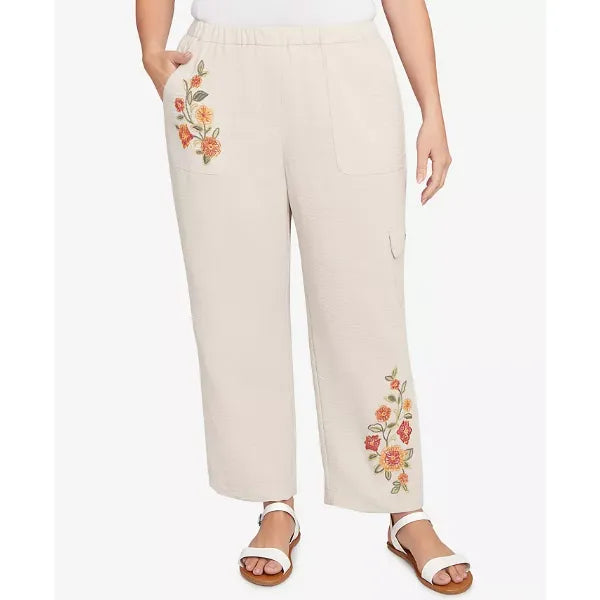 Alfred Dunner Plus Size Floral Embroidered Ankle Pants, Tan