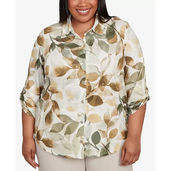 Alfred Dunner Plus Size Leaf Button Top, Olive Multi
