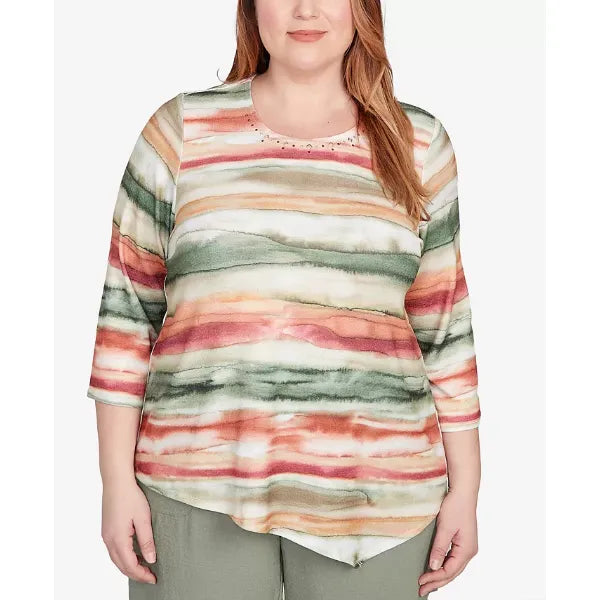 Alfred Dunner Plus Size Watercolor Stripe Top, Olive Multi