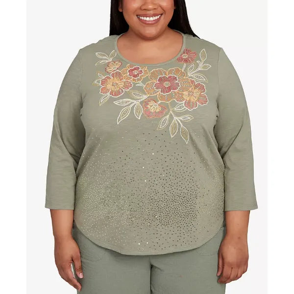 Alfred Dunner Plus Size Sequin Floral Top, Olive