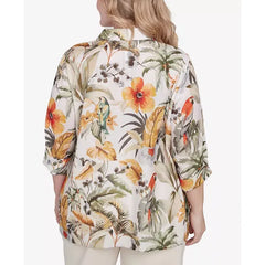 Alfred Dunner Plus Size Tropical Bird Button Front Top, Olive Multi