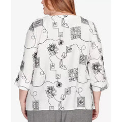 Alfred Dunner Plus Size Floral Embroidered Top for Women, Casual Elegant All Day Comfort, Ivory