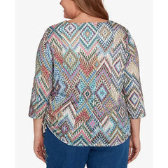 Alfred Dunner Plus Size Ikat Diamond Top, Blue Multi