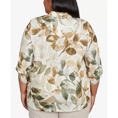 Alfred Dunner Plus Size Leaf Button Top, Olive Multi