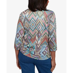 Alfred Dunner Petite El Paso Ikat Diamond Detailed Crew Neck Top, Blue Multi