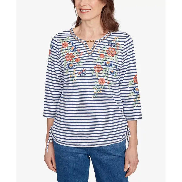 Alfred Dunner Petite El Paso Floral Stripe Ruched Sides Top, Blue Multi