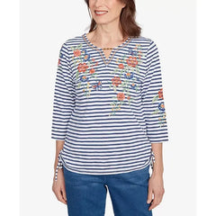 Alfred Dunner Petite El Paso Floral Stripe Ruched Sides Top, Blue Multi