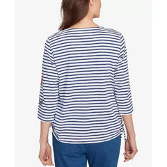 Alfred Dunner Petite El Paso Floral Stripe Ruched Sides Top, Blue Multi