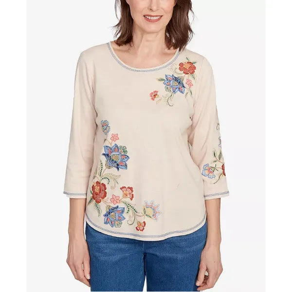 Alfred Dunner Petite El Paso Asymmetrical Floral Embroidered Top, Oatmeal