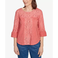 Alfred Dunner Petite El Paso Diamond Textured Spliced Bell Sleeve Top, Spice