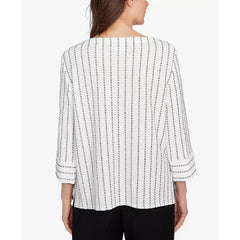 Alfred Dunner Petite Santa Barbara Splice Textured Stripe Crew Neck Top with Necklace, Black/White