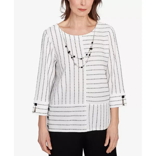 Alfred Dunner Petite Santa Barbara Splice Textured Stripe Crew Neck Top with Necklace, Black/White