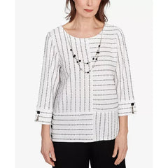 Alfred Dunner Petite Santa Barbara Splice Textured Stripe Crew Neck Top with Necklace, Black/White