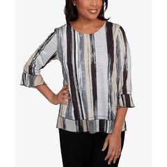 Alfred Dunner Petite Santa Barbara Etched Stripe Bell Sleeve Crew Neck Top, Black Multi