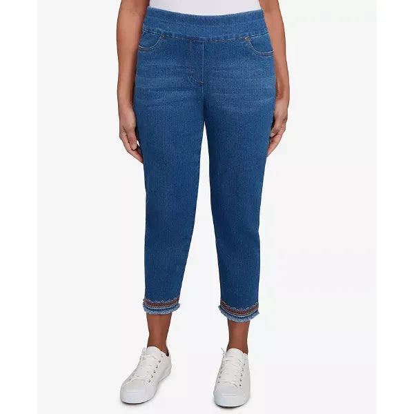 Alfred Dunner Petite El Paso Border Fringe Denim Ankle Pants, Medium Indigo
