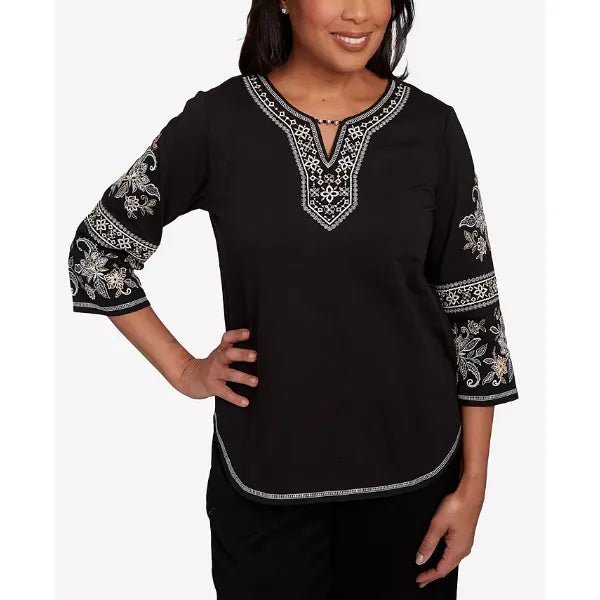 Alfred Dunner Petite Santa Barbara Beaded Neck Embroidered Sleeve Top, Black