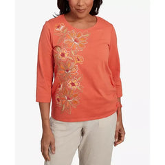Alfred Dunner Petite Copper Canyon Asymmetric Floral Embroidered Tie Ruching Top, Papaya
