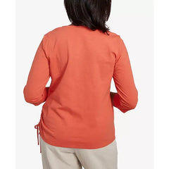 Alfred Dunner Petite Copper Canyon Asymmetric Floral Embroidered Tie Ruching Top, Papaya