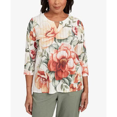 Alfred Dunner Petite Copper Canyon Dramatic Floral Split Beaded Top, Olive Multi